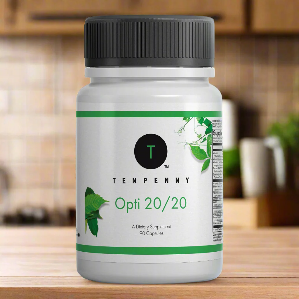 Opti 20/20 lifestyle image featuring the eye health supplement in a bright setting with fresh fruits and leafy greens, emphasizing eye health support.