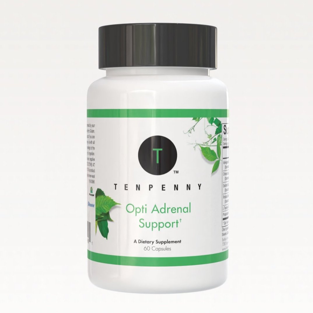 Opti Adrenal Support bottle showcasing a premium adrenal support supplement designed to balance cortisol levels and improve mental and physical performance.