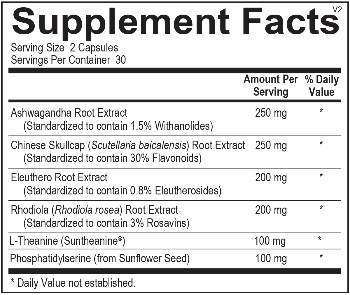A detailed list of ingredients for Opti Adrenal Support, featuring adaptogenic botanicals like Ashwagandha, Rhodiola, and Eleuthero to enhance stress resilience and energy.