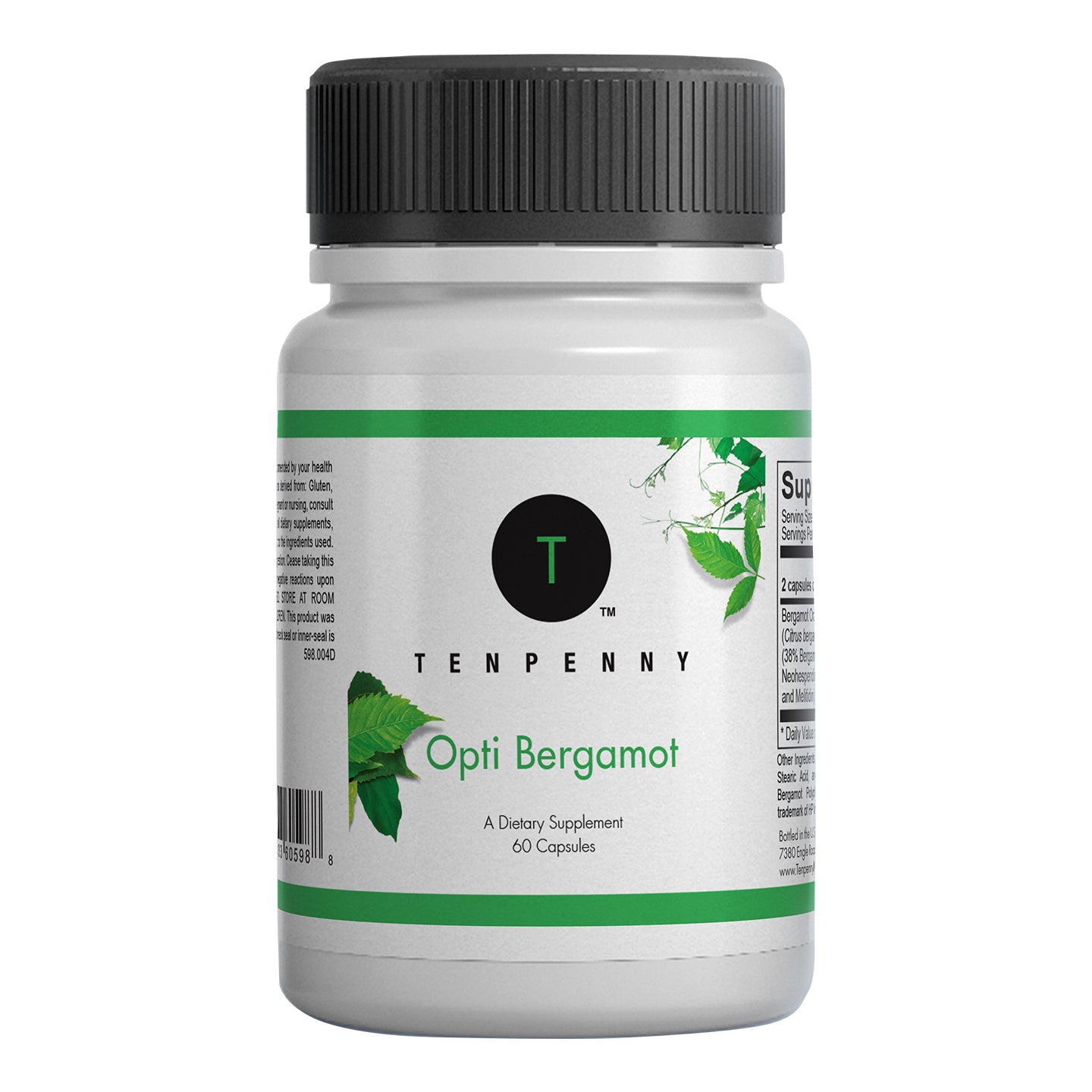Front view of Opti Bergamot bottle showcasing product label and heart health benefits.