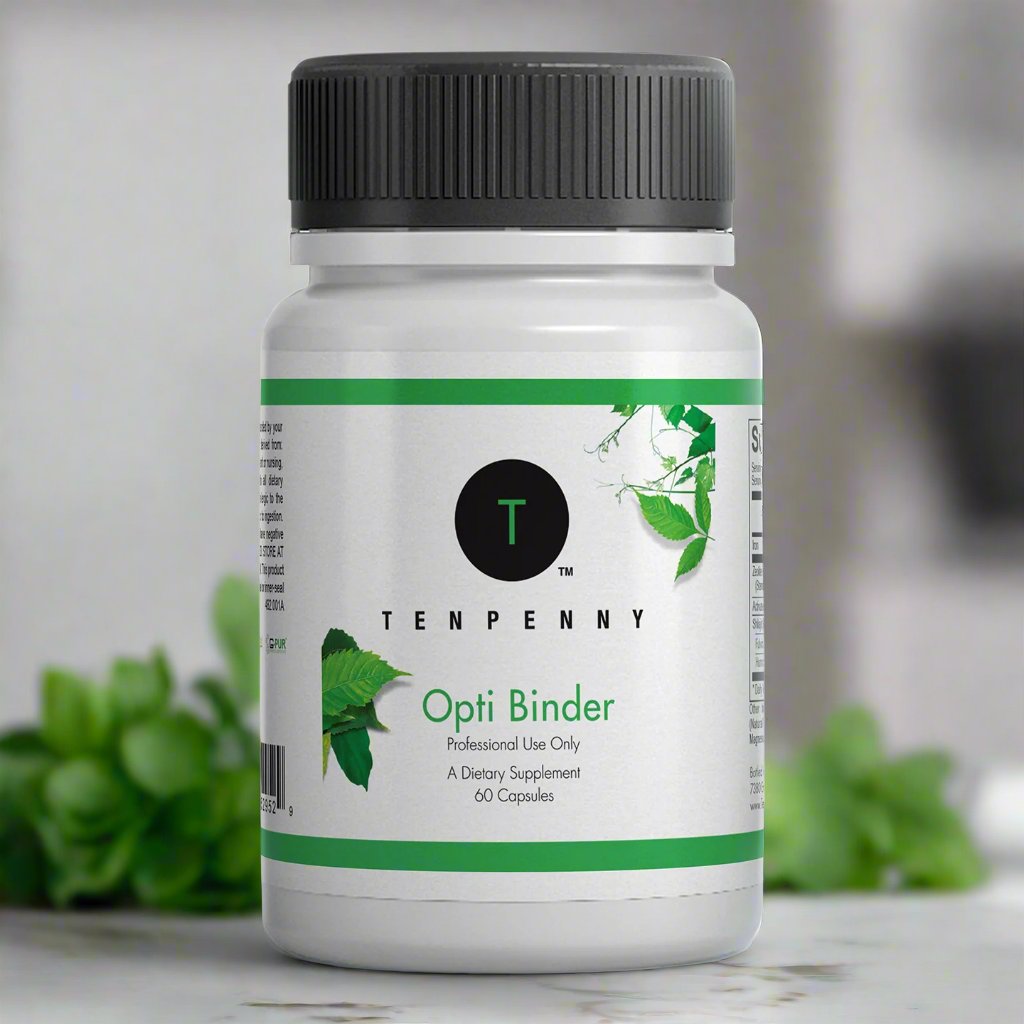Opti Binder bottle on a kitchen counter, supporting detoxification and immune health with activated charcoal, zeolite, and fulvic acid.