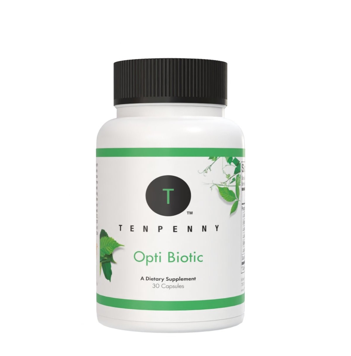 Front view of the Opti Biotic 30 count bottle highlighting product label and benefits for digestive health.