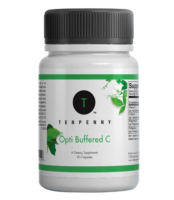 A white bottle of Tenpenny Opti Buffered C dietary supplement with a black ribbed cap, featuring a white label with green accents and botanical illustrations.