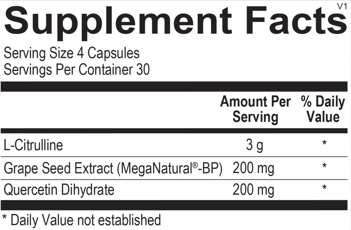 Supplement facts for Opti CitruCore, detailing ingredients for blood flow and metabolic support.