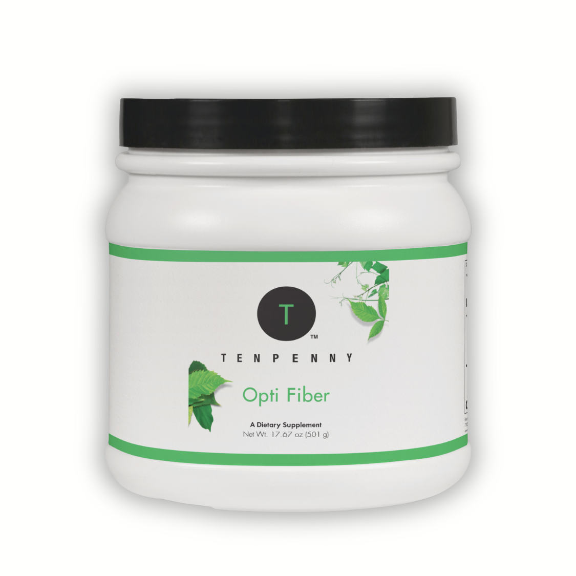 Front view of Opti Fiber container, supporting gut health, satiety, and immune resilience.