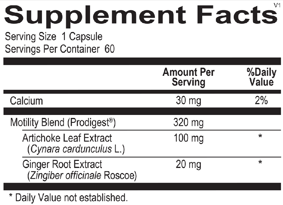 Supplement facts for Opti GI Mobility, showing ingredients like probiotics, digestive enzymes, ginger root, and aloe vera for gut health and digestion support