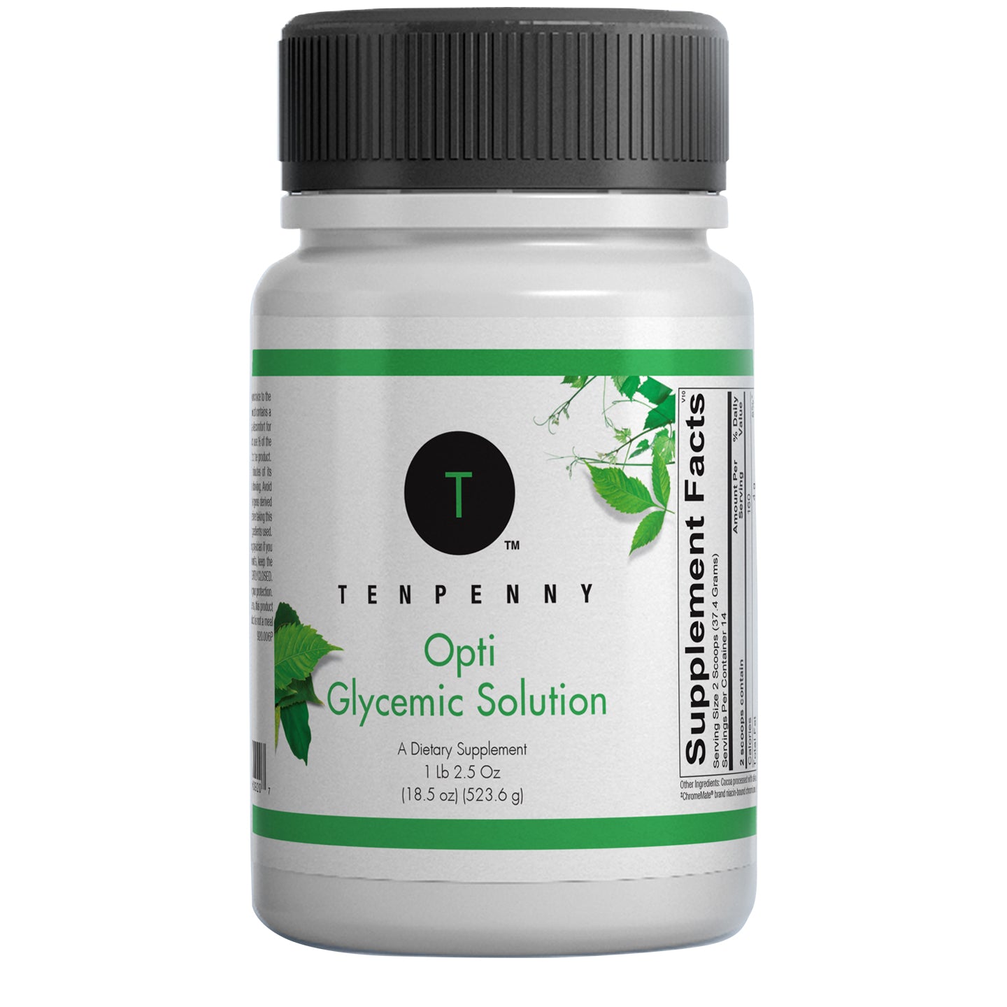 Front view of Opti Glycemic Solution bottle, featuring a natural blood sugar support formula with antioxidants, vitamins, and plant-based ingredients for glucose balance.