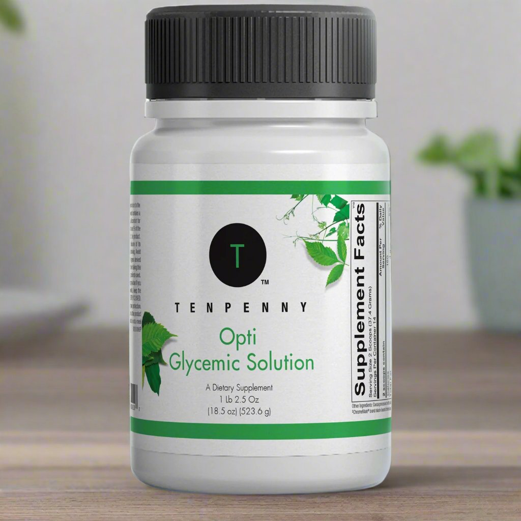Person holding a glass of water mixed with Opti Glycemic Solution supplement for natural blood sugar support and metabolic health; shown in a lifestyle setting.