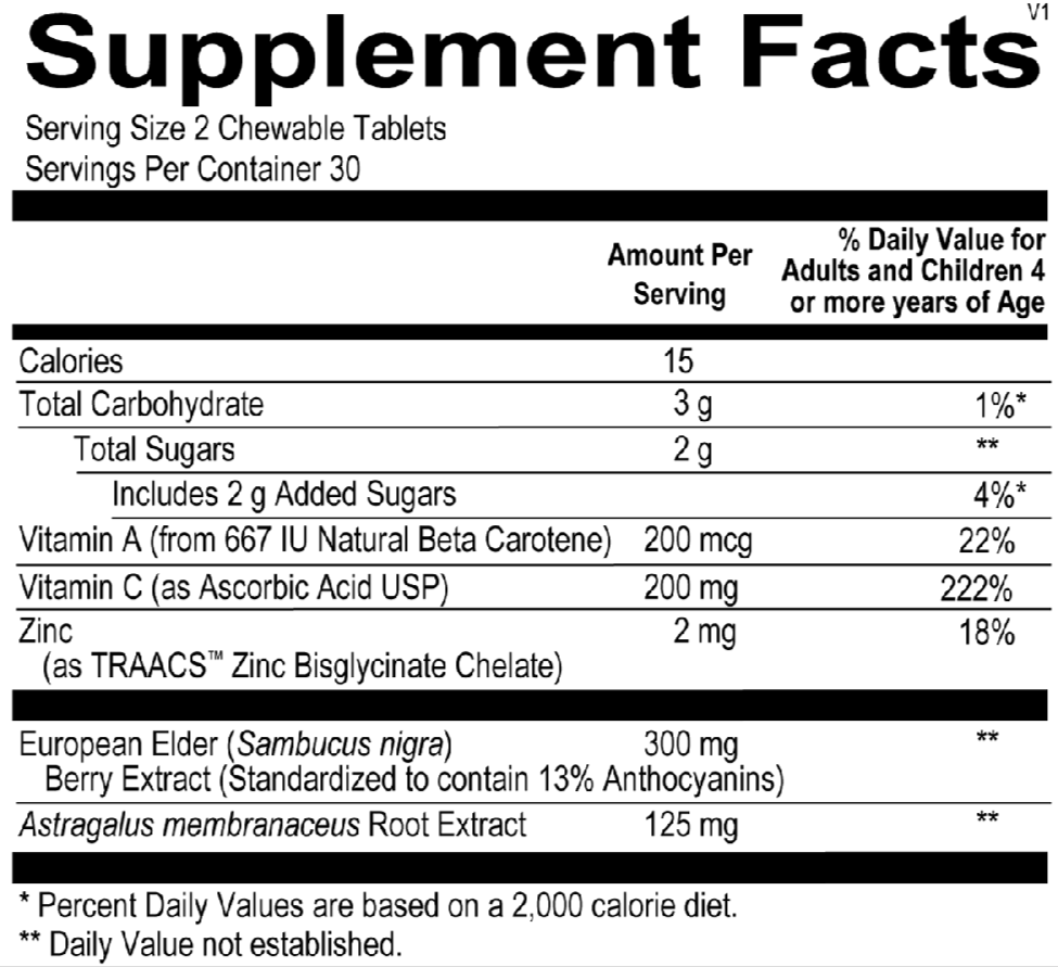 Detailed supplement facts label for Opti Kids Immune Support showing ingredients and nutrition information.