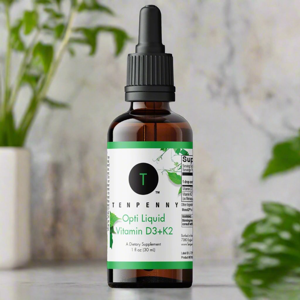 Front bottle image of Opti Liquid Vitamin D3+K2, premium supplement for bone and heart health.