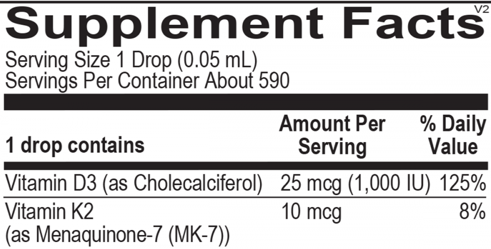 Supplement facts for Opti Liquid Vitamin D3+K2, showcasing ingredients for calcium support and vascular health.