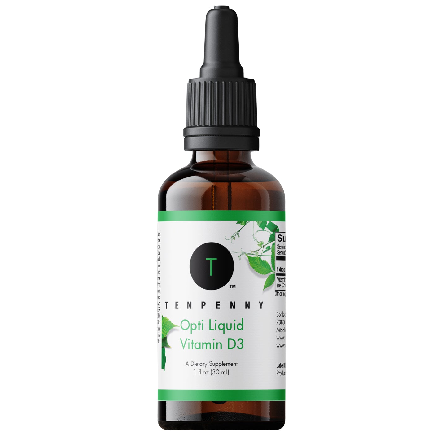 Front view of Opti Liquid Vitamin D bottle, offering immune and bone health benefits.