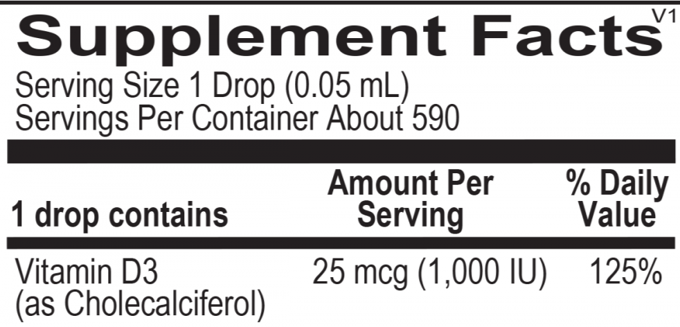 Opti Liquid Vitamin D supplement facts label showing 1,000 IU per drop for flexible dosing.