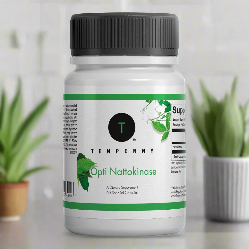 Opti Nattokinase supplement bottle with a healthy lifestyle background, supporting cardiovascular health and blood circulation.
