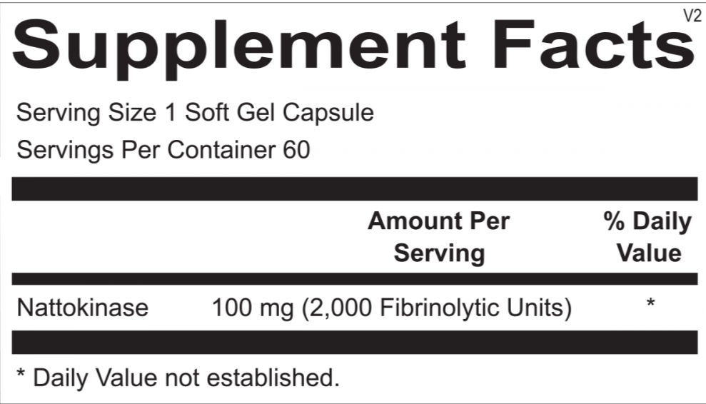 Opti Nattokinase supplement facts showing key ingredients and recommended dosage for blood flow and cardiovascular health.
