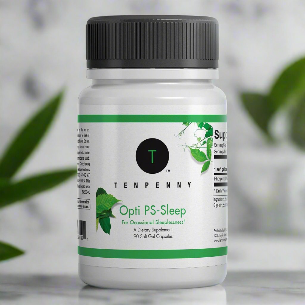 Opti PS-Sleep bottle on a bedside table, promoting relaxation and cognitive support for better sleep.