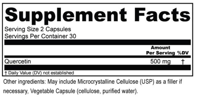 Supplement facts for Opti Quercetin, detailing quercetin for detoxification and anti-inflammatory benefits.