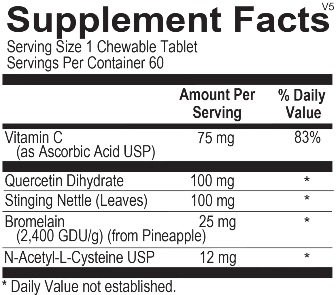 Supplement facts for Opti Seasonal Support Jr., detailing kid-friendly ingredients for allergy support.