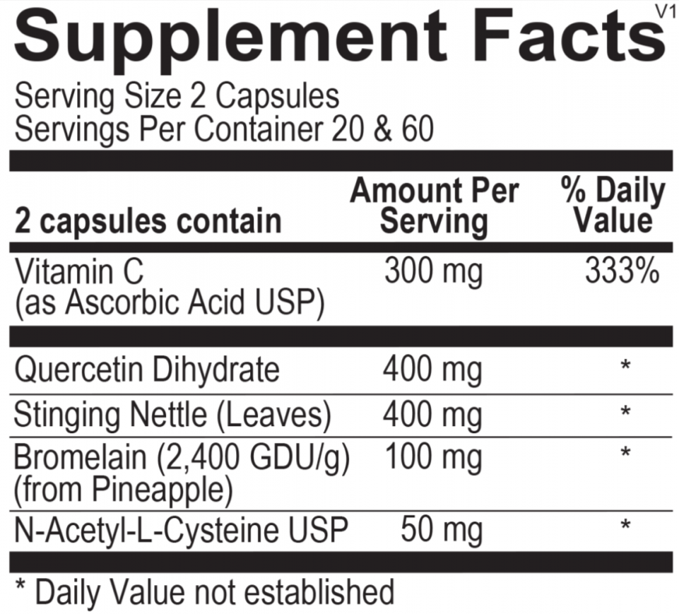 Supplement facts for Opti Seasonal Support, showcasing ingredients for natural antihistamine support.