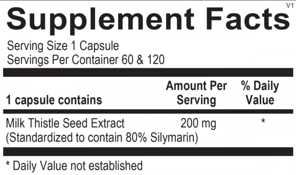 Supplement facts for Opti Thistle, detailing ingredients for liver and antioxidant support.