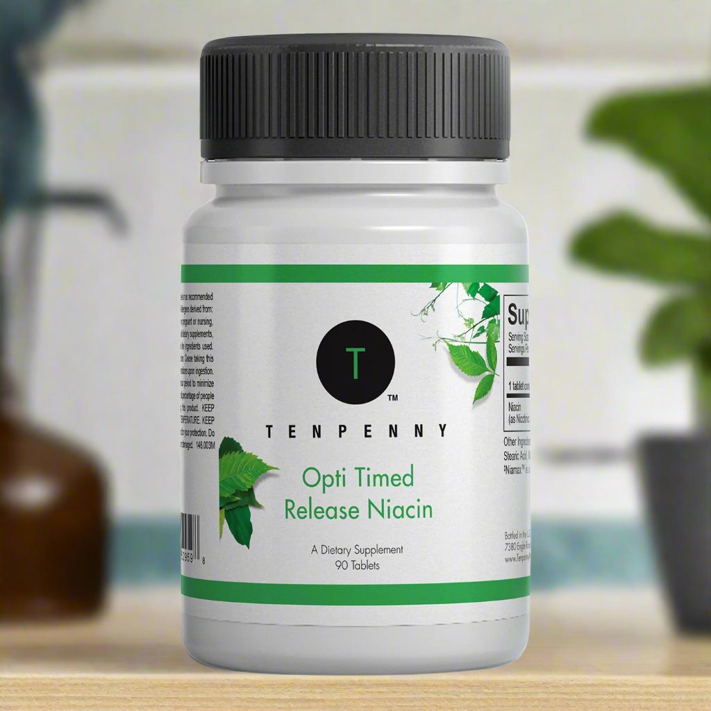 Opti Time Released Niacin bottle on a kitchen counter, supporting healthy cholesterol levels and cardiovascular health.
