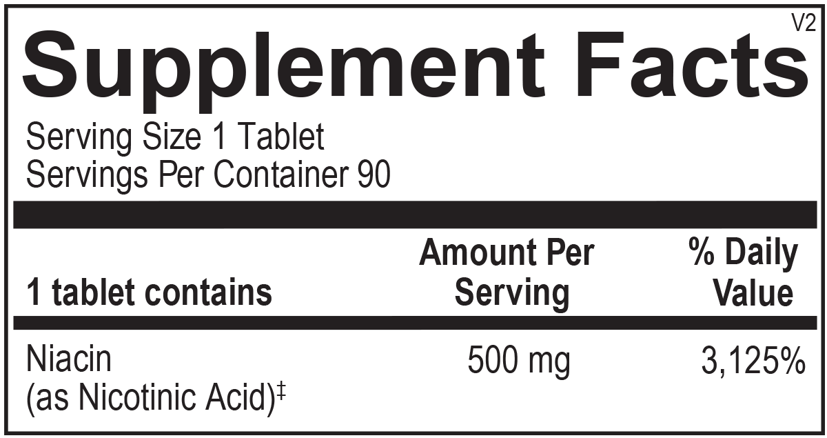 Detailed list of ingredients for Opti Time Released Niacin, featuring niacin and a time-release matrix for gradual absorption.