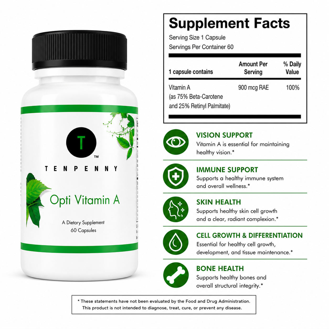 Supplement bottle labeled 'Tenpenny Opti Vitamin A' with supplement facts on a white background