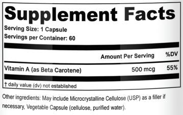 Supplement facts label for Opti Vitamin A showing 500 mcg beta carotene per capsule.
