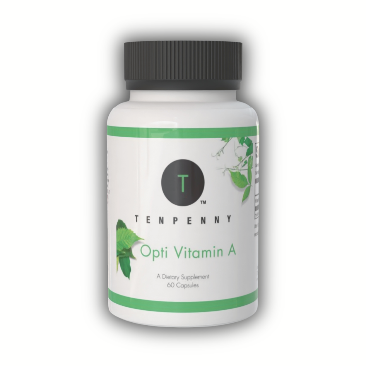 Front view of Opti Vitamin A supplement bottle showing 500 mcg beta carotene per capsule for immune and vision support.
