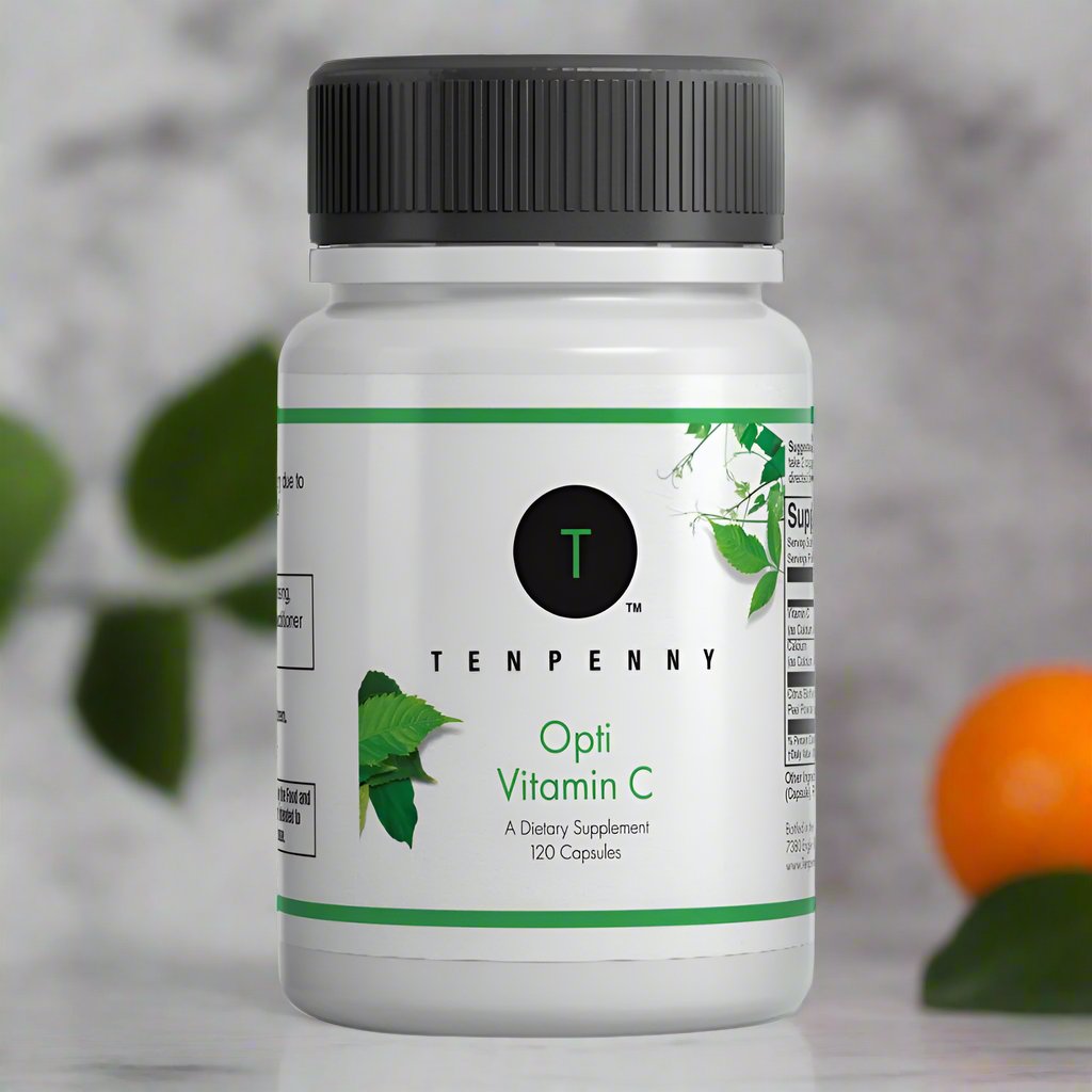 Opti Vitamin C bottle surrounded by fresh citrus fruits, representing immune support and antioxidant benefits.