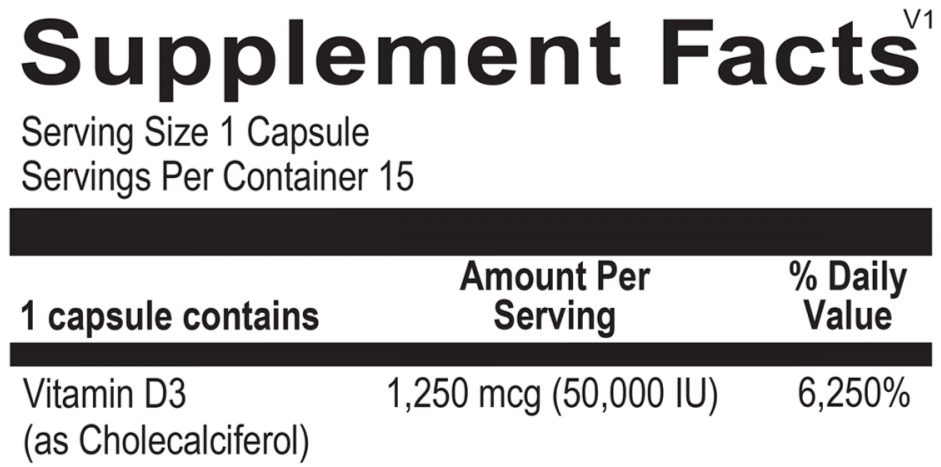 Supplement facts for Opti Vitamin D 50,000, detailing high-dose vitamin D for optimal support.