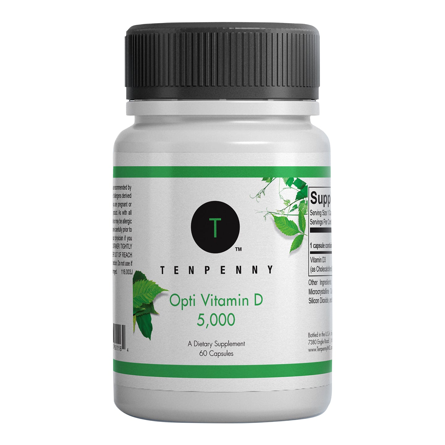 Front bottle image of Opti Vitamin D 5,000, premium supplement for bone and immune health.