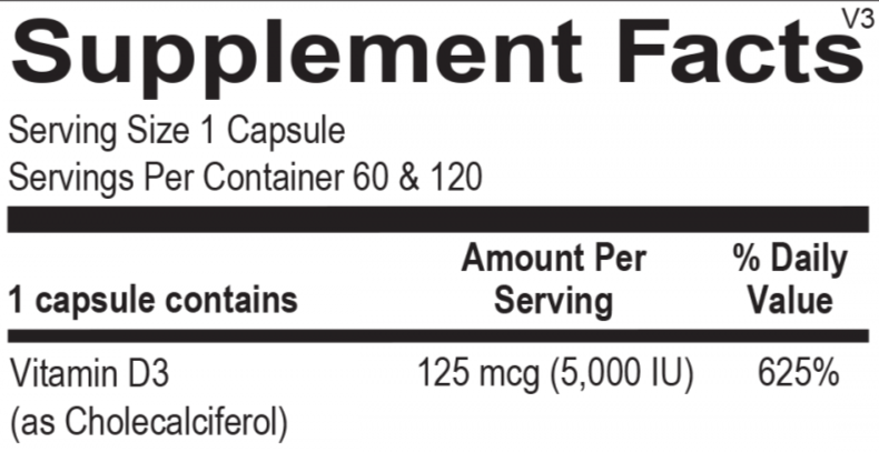 Supplement facts for Opti Vitamin D 5,000, showcasing high-dose Vitamin D3.