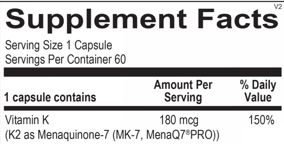Supplement facts for Opti Vitamin K2, featuring MK-7 for calcium support and arterial health.