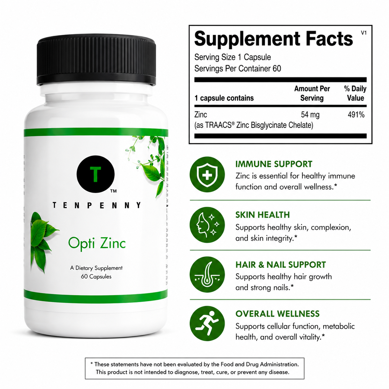 TenPenny Opti Zinc supplement bottle with label and supplement facts on a white background
