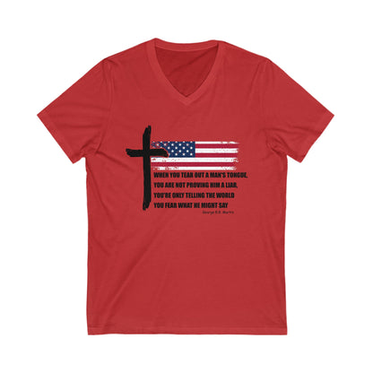 George R.R. Martin Quote Color V-Neck Tee – Patriotic Cross & American Flag Shirt