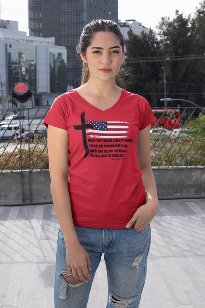 George R.R. Martin Quote Color V-Neck Tee – Patriotic Cross & American Flag Shirt