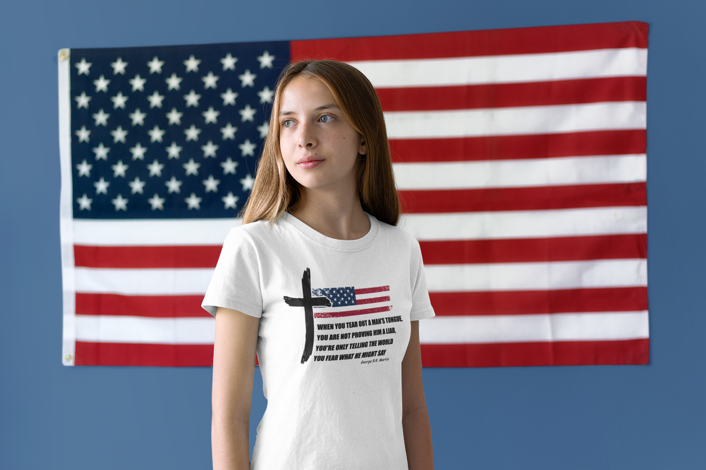 George R.R. Martin Quote Color Softstyle Tee – Patriotic Cross & American Flag Shirt