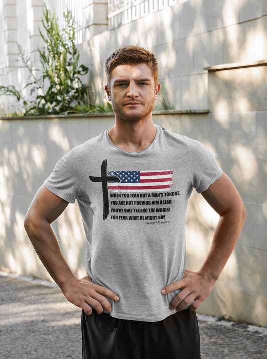 George R.R. Martin Quote Color Softstyle Tee – Patriotic Cross & American Flag Shirt