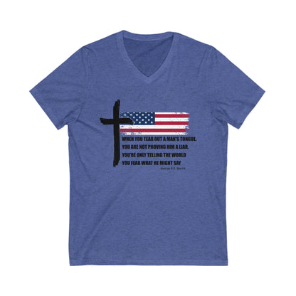George R.R. Martin Quote Color V-Neck Tee – Patriotic Cross & American Flag Shirt