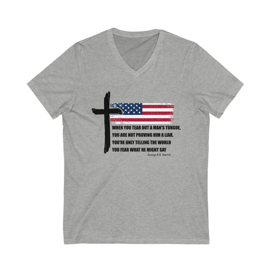 George R.R. Martin Quote Color V-Neck Tee – Patriotic Cross & American Flag Shirt