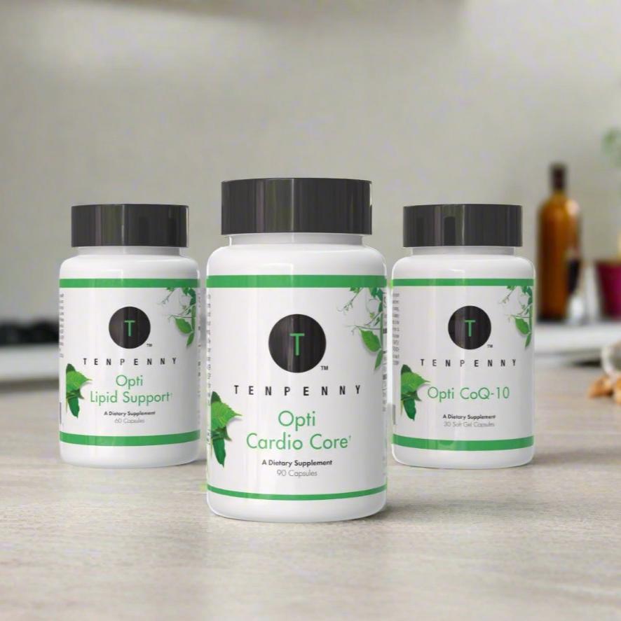 Supplement facts for Opti Lipid Support, Opti Cardio Core, and Opti CoQ-10 with detailed heart health ingredients.