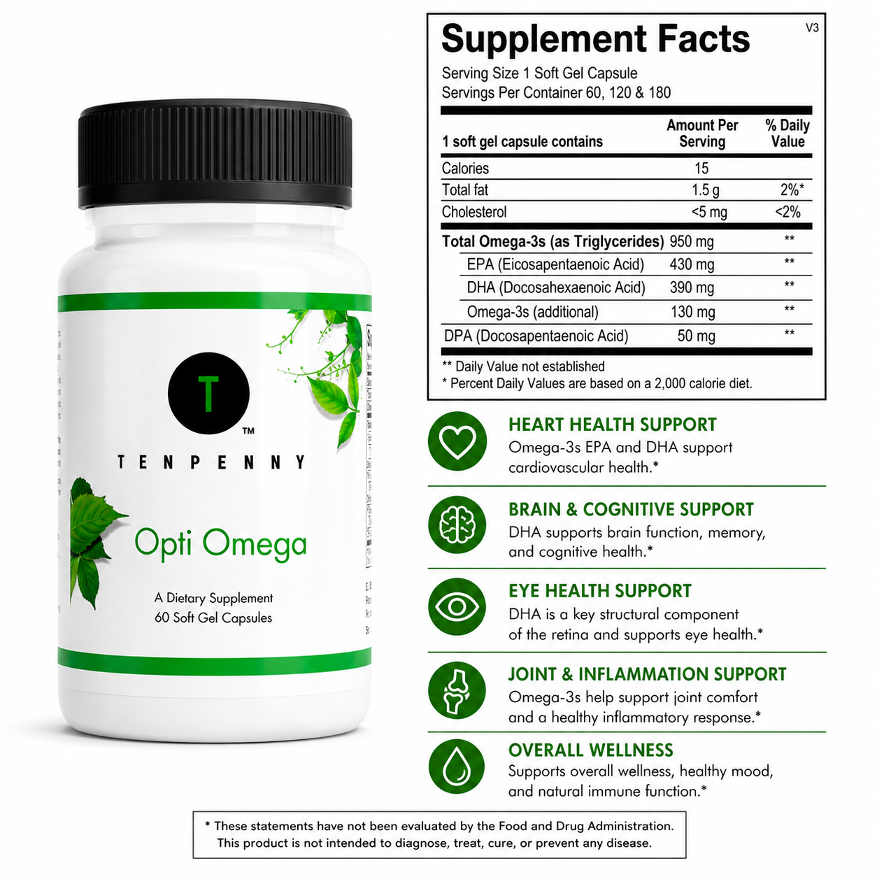 Supplement bottle labeled 'Opti Omega' by Tenpenny with supplement facts on a white background