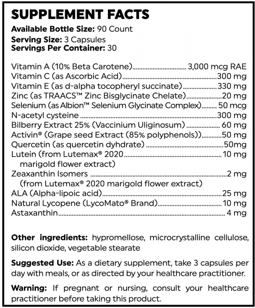 Opti 20/20 supplement facts showing detailed nutritional information, vitamins, antioxidants, and botanical extracts for eye health.