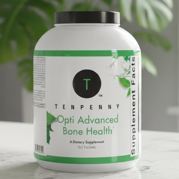 Supplement container labeled 'Opti Advanced Bone Health' by Tenpenny on a white background