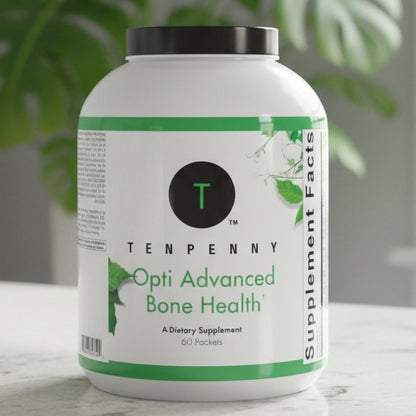 Supplement container labeled 'Opti Advanced Bone Health' by Tenpenny on a white background
