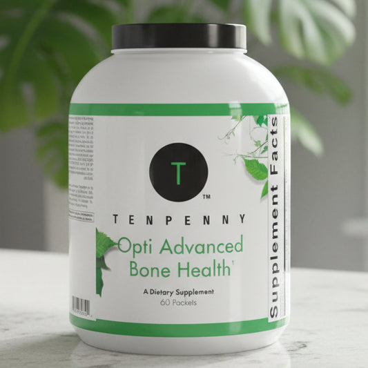 Supplement container labeled 'Opti Advanced Bone Health' by Tenpenny on a white background