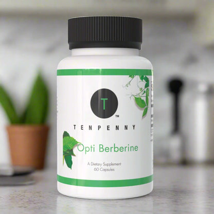 Opti Berberine supplement bottle on kitchen counter – natural wellness support for healthy blood sugar and metabolism