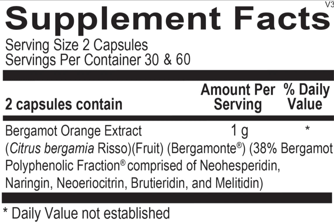 Close-up of the Opti Bergamot supplement facts label showing ingredients and dosage information.