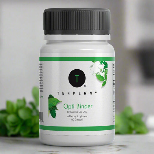 Opti Binder bottle on a kitchen counter, supporting detoxification and immune health with activated charcoal, zeolite, and fulvic acid.